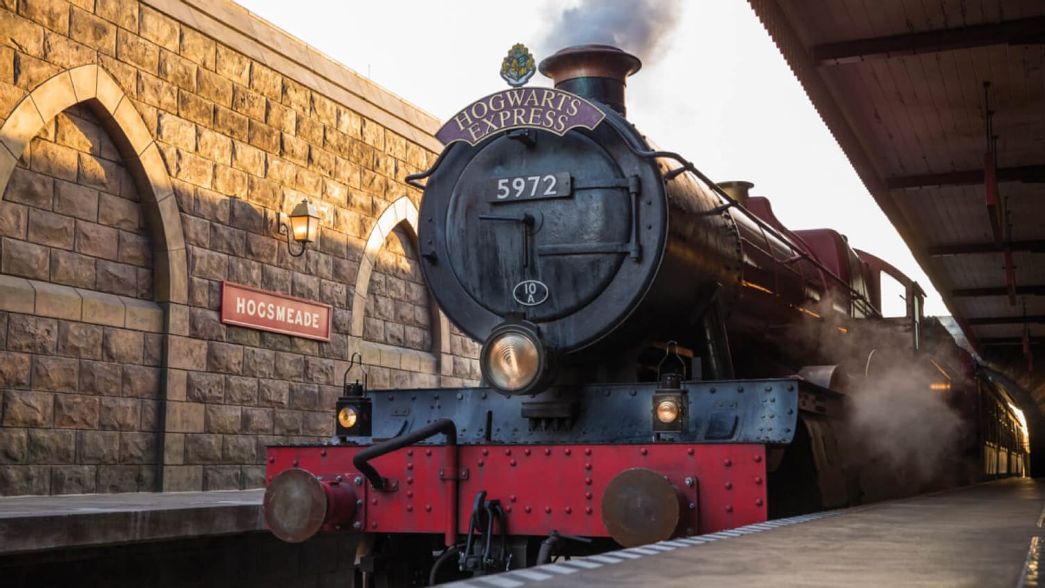 The Hogwarts Express™ train parked at Hogsmeade™ Station in Universal's Islands of Adventure.
