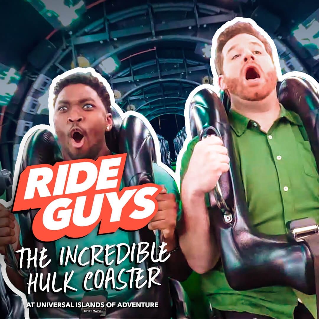 The Ride Guys gripping their seat harnesses and yelling in excitement with the words RIDE GUYS THE INCREDIBLE HULK COASTER AT UNIVERSAL ISLANDS OF ADVENTURE on the left.