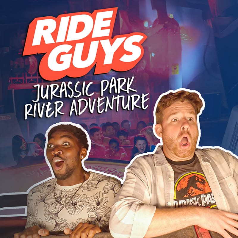 Two men look surprised while riding the Jurassic Park River Adventure in Islands of Adventure at Universal Studios Orlando. The image includes a logo that reads "Ride Guys" and the text "Jurassic Park River Adventure.