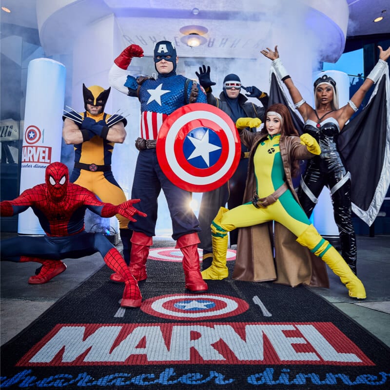 Marvel characters Spider-Man, Wolverine, Captain America, Cyclops, Storm and Rogue pose together at Universal’s Islands of Adventure.