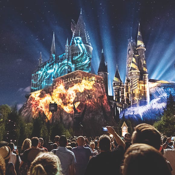 Guests watch a dazzling light spectacle unfold against the majestic backdrop of Hogwarts™ castle.