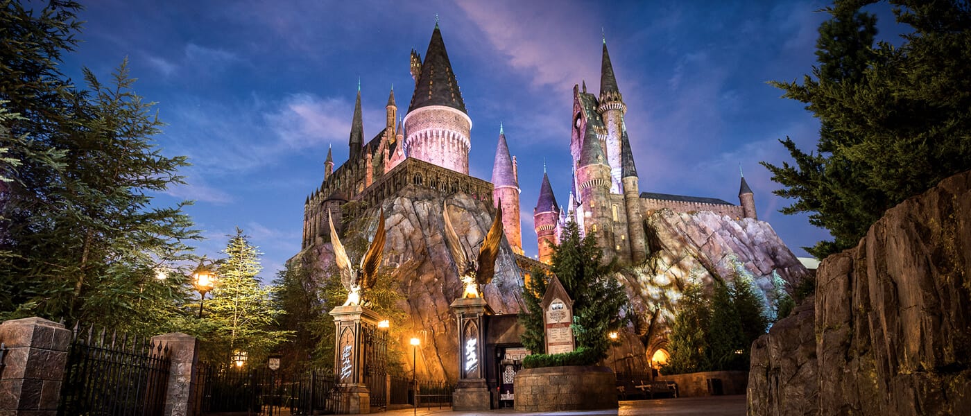 The majestic Hogwarts™ castle, where guests at Universal's Islands of Adventure in Orlando experience the exciting ride Harry Potter and the Forbidden Journey™.