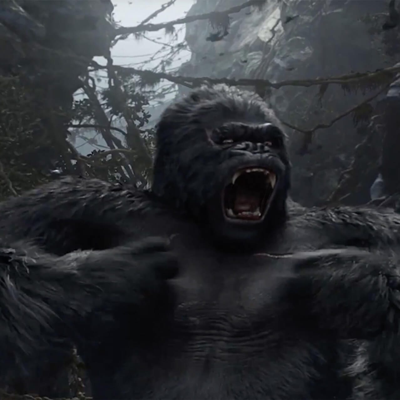 King Kong roars and beats his chest during a scene from Skull Islands: Reign of Kong, a 3D adventure ride at Universal's Islands of Adventure Orlando.