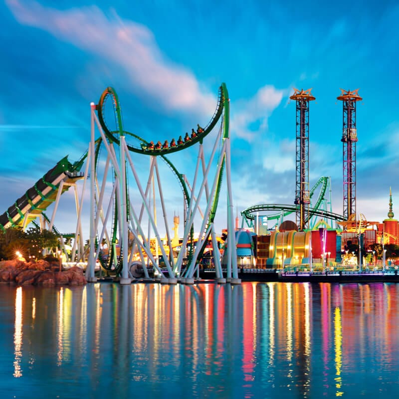 The skyline of Universal Islands of Adventure at Universal Orlando Resort, featuring The Incredible Hulk® Coaster.