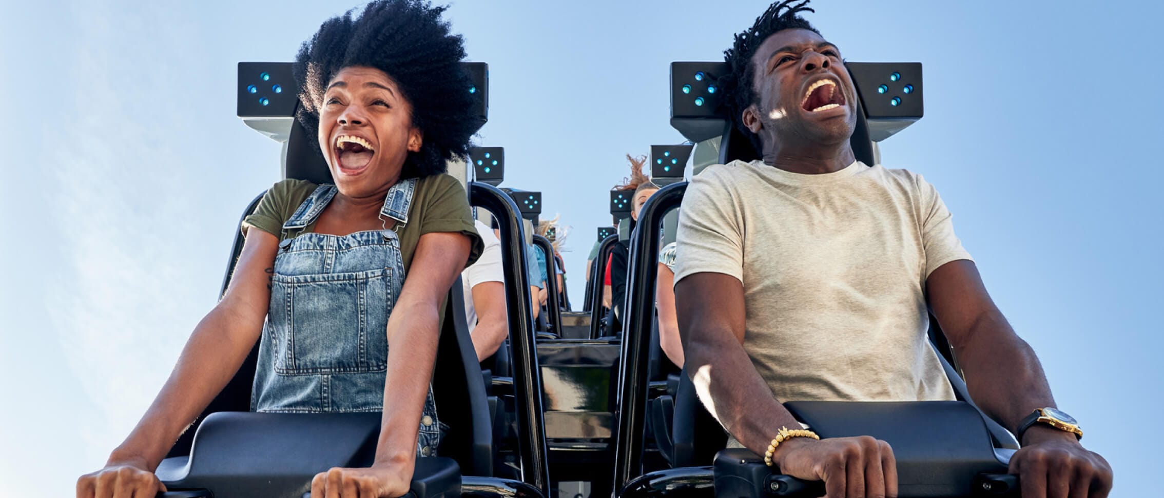 Thrilled guests ride the Jurassic World Velocicoaster at Islands of Adventure in Universal Orlando Resort.
