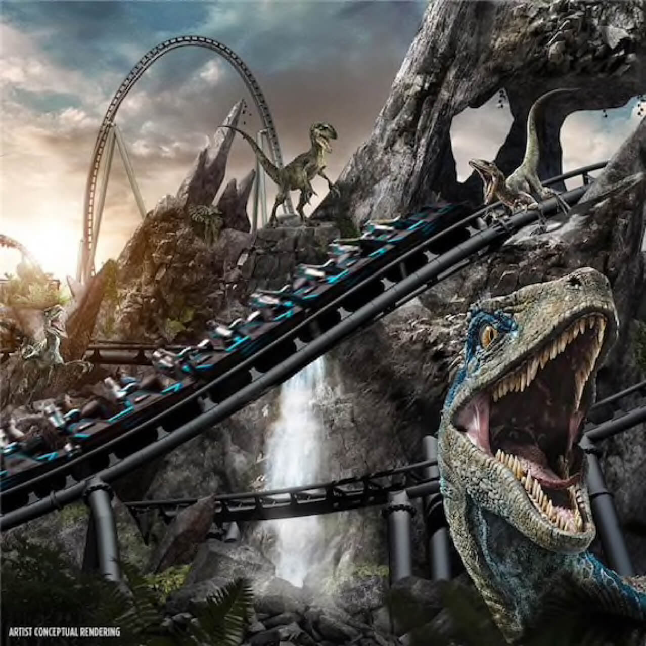 An artistic representation of the new Jurassic World VelociCoaster at Universal’s Islands of Adventure.