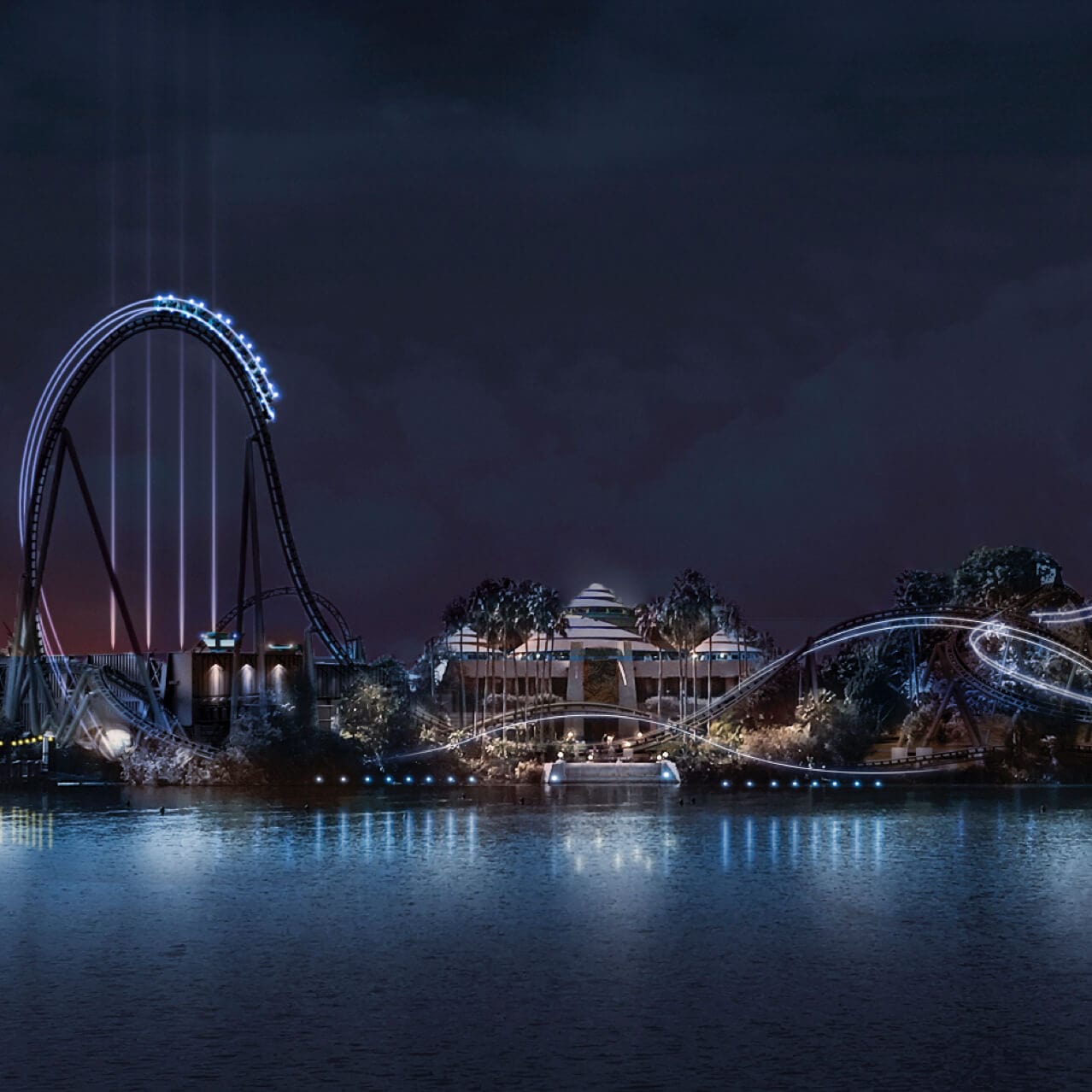 An artistic representation of the new Jurassic World VelociCoaster at night at Universal’s Islands of Adventure.