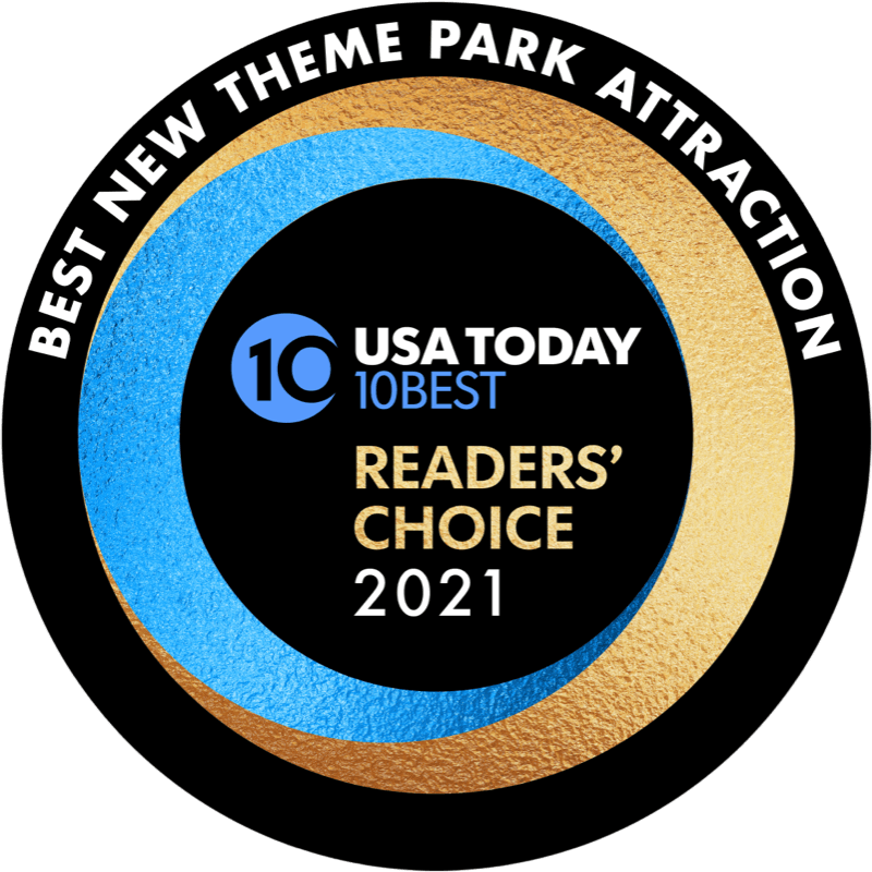 A circular medallion reading BEST NEW THEME PARK ATTRACTION - USA Today 10 Best Readers’ Choice 2021