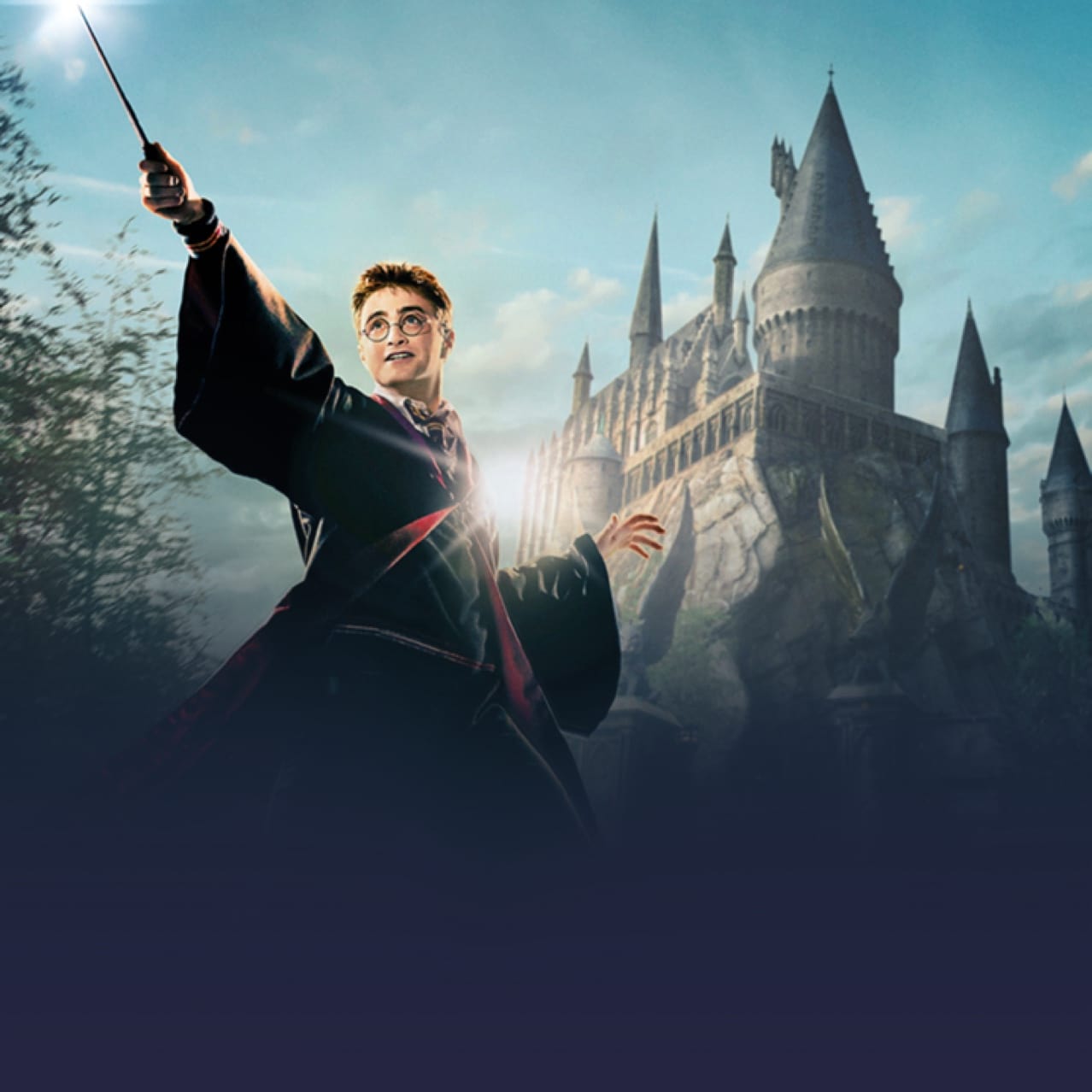 Harry Potter in front of Hogwarts
