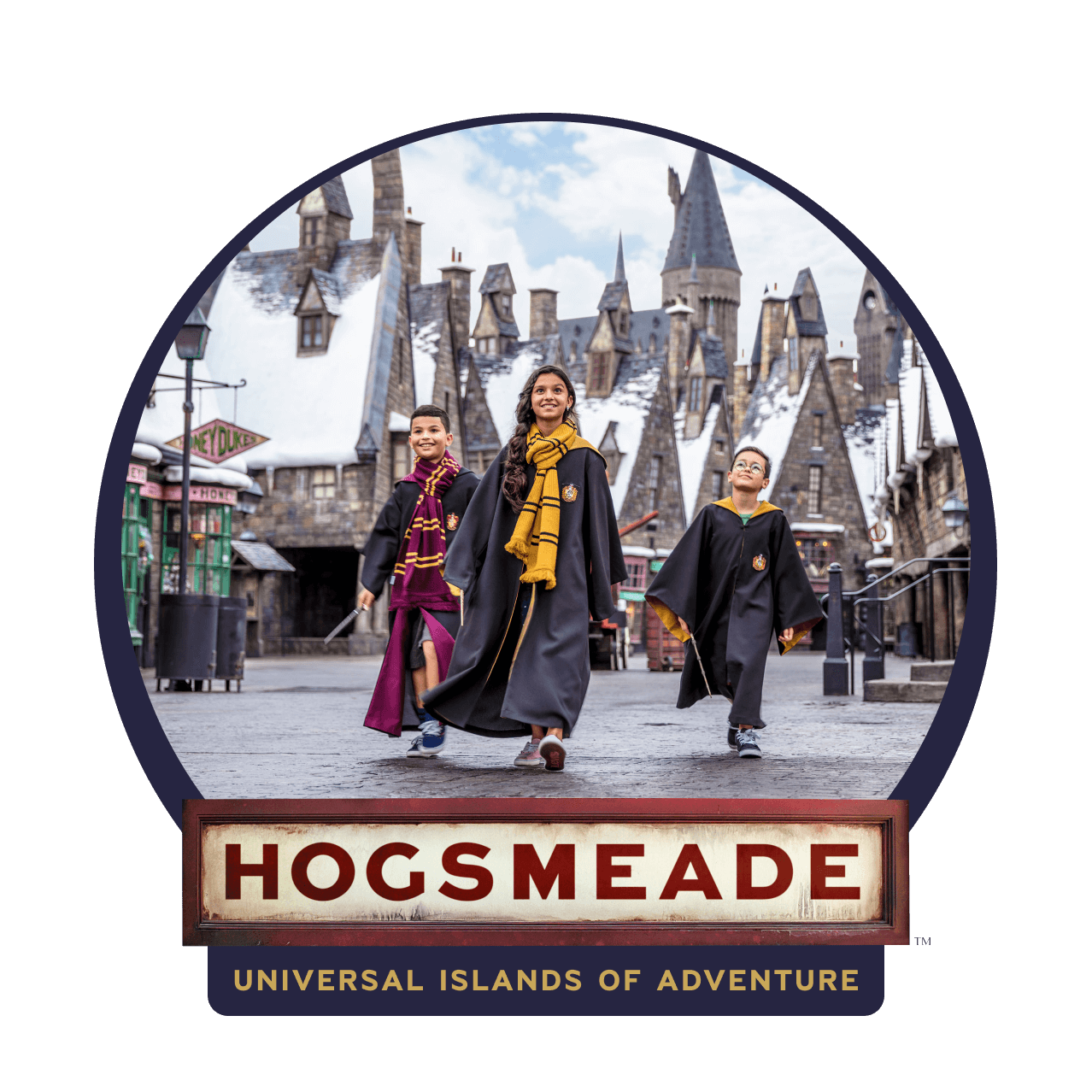 Three children wearing Hogwarts™ cloaks walking through the streets of a snow-capped Hogsmeade™ at Universal Islands of Adventure.