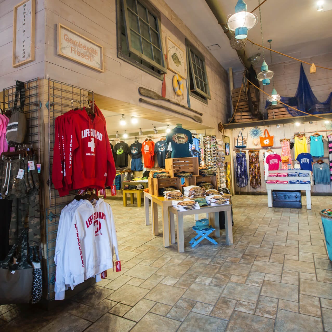 Sweatshirts, tees, and more on display in this nautical shop at Universal Orlando Resort.