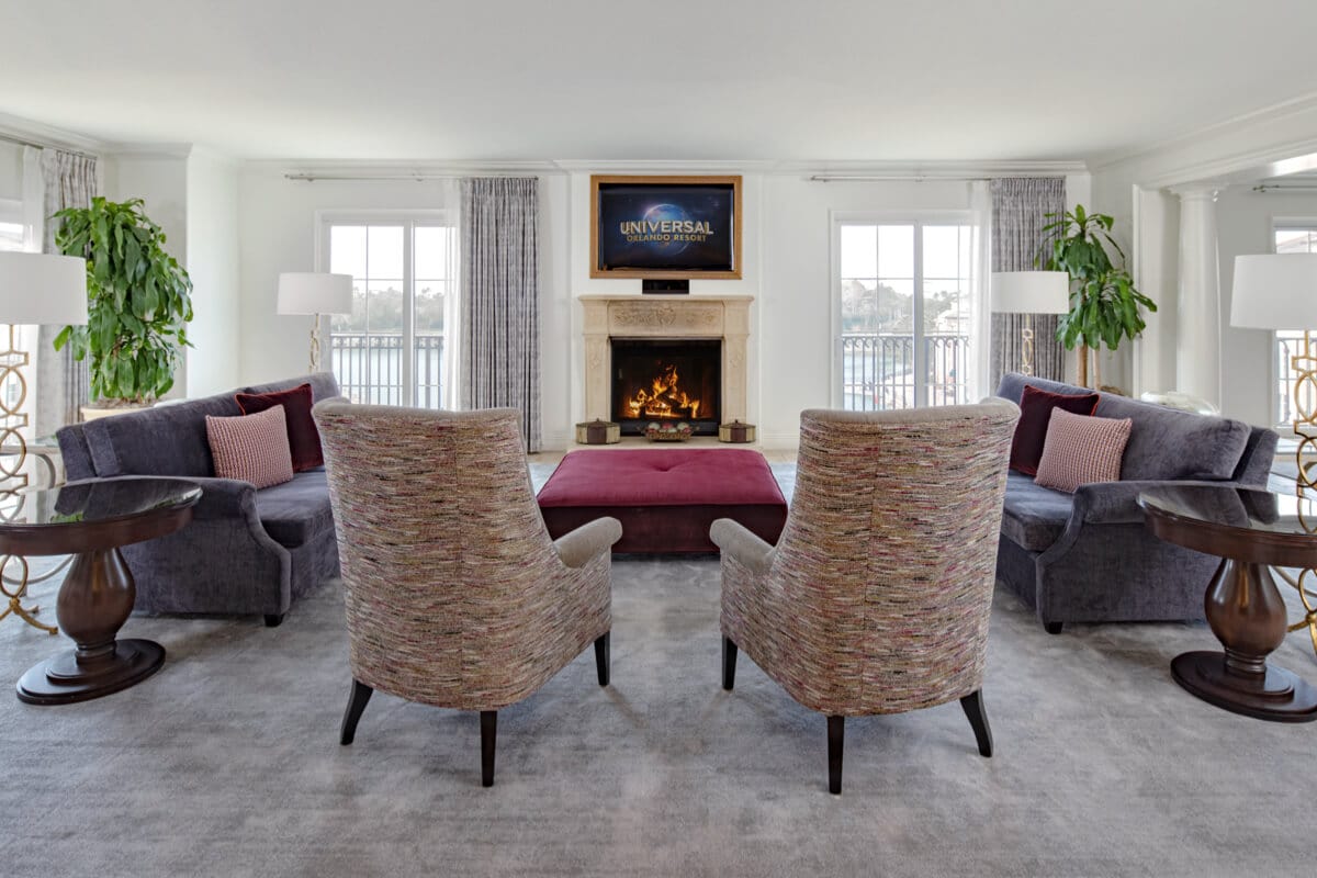 The living room of The Presidente Suite at Loews Portofino Bay Hotel at Universal Orlando Resort.