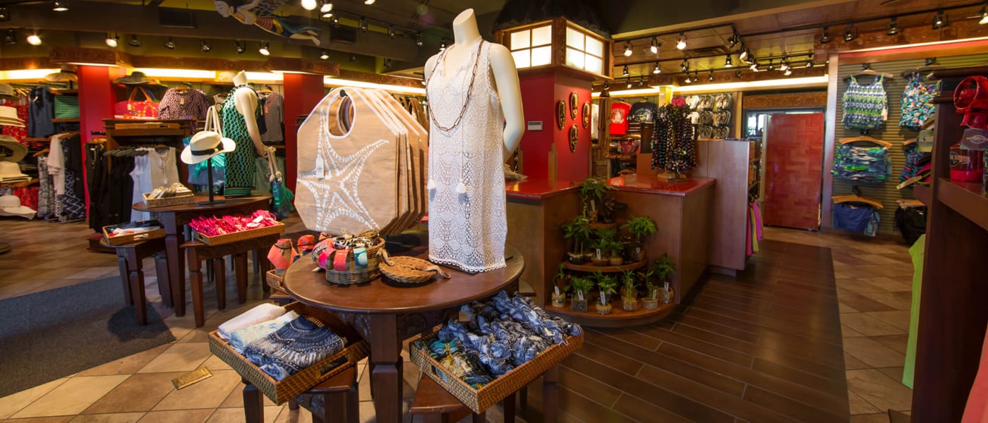 A beach bag and cover up on display at the poolside shop Treasures of Bali inside Loews Royal Pacific Resort.