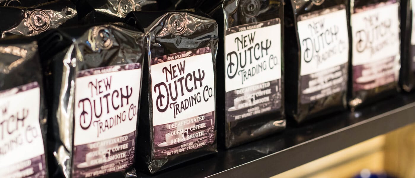Packages of coffee on display at New Dutch Trading Co. inside Loews Sapphire Falls Resort at Universal Orlando.