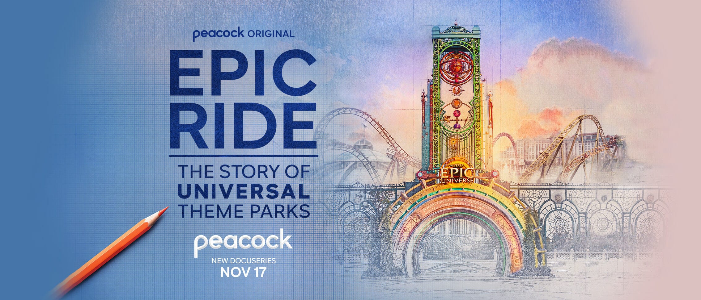A trailer for the Peacock Original documentary, Epic Ride: The Story of Universal Theme Parks.