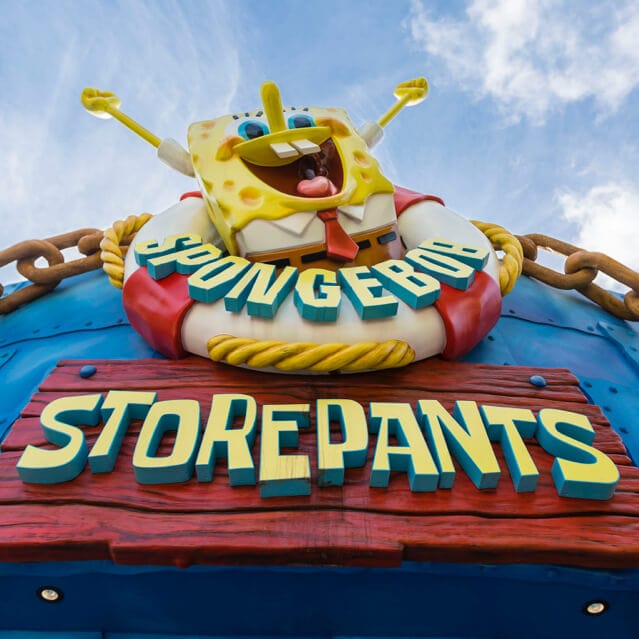 The sign and exterior of SpongeBob StorePants, a gift shop at Universal Studios Orlando where you can find nautical souvenirs for kids, as well as pose for photos with SpongeBob himself.