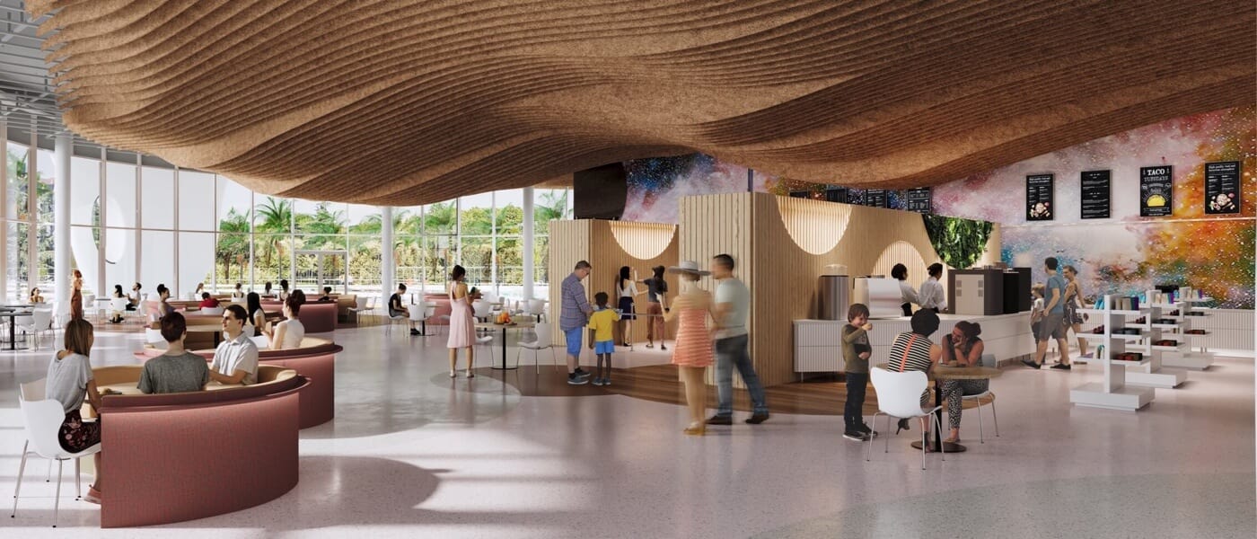 Artist conceptual rendering - Guests dining at Universal Terra Luna Resort in a bright spacious area with a wall of windows.