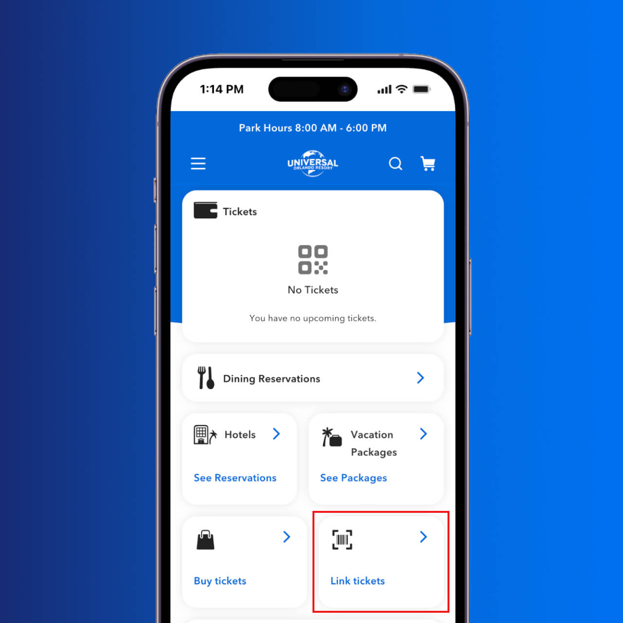 A screenshot image showing the homepage and how to access to “Link tickets” .