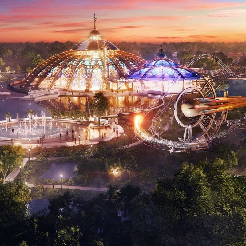 Artist conceptual rendering – Aerial view of the Celestial Park rides and attractions in Universal Epic Universe.