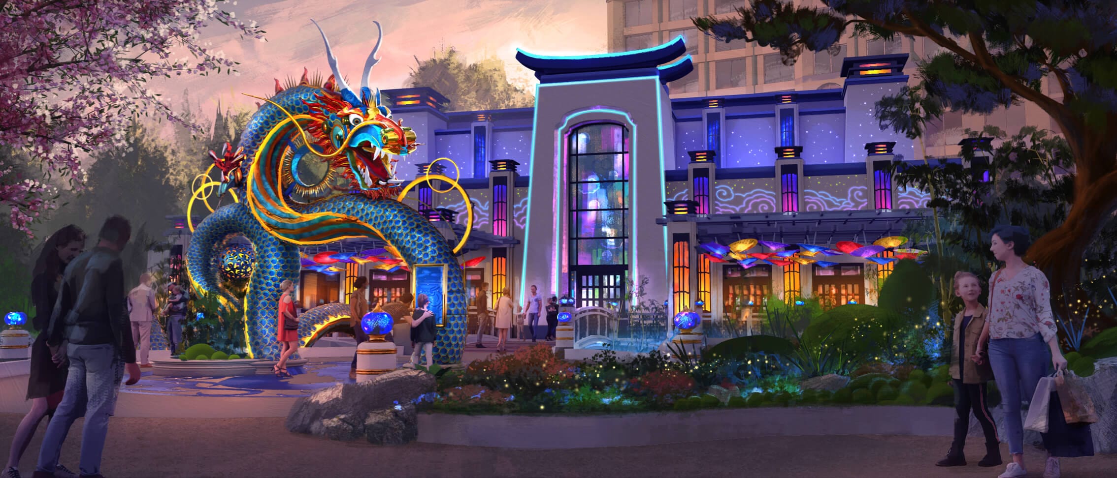 Artist conceptual rendering - The Blue Dragon Pan-Asian Restaurant features a large blue dragon entryway at Celestial Park.