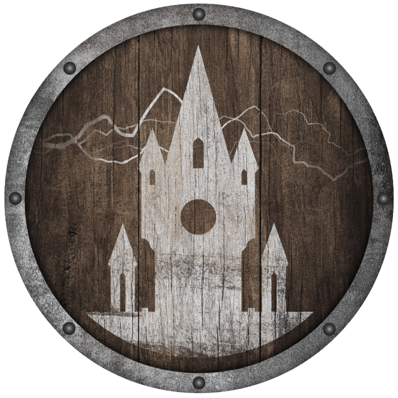 Fast Fact Icon, a white stamped fortress on a distressed wooden background framed in steel.
