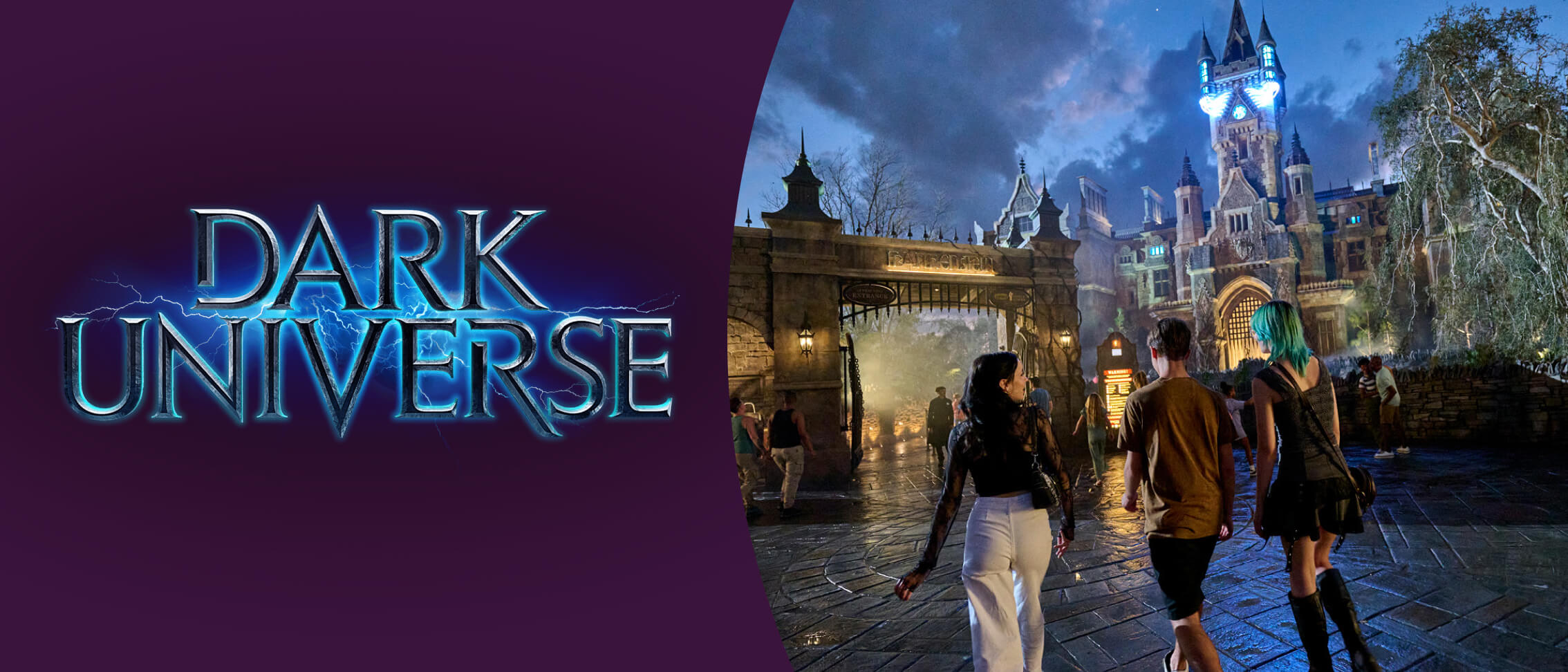 Dark Universe logo on purple and a group of friends nearing the entrance of an ominous castle with a glowing tower at night.