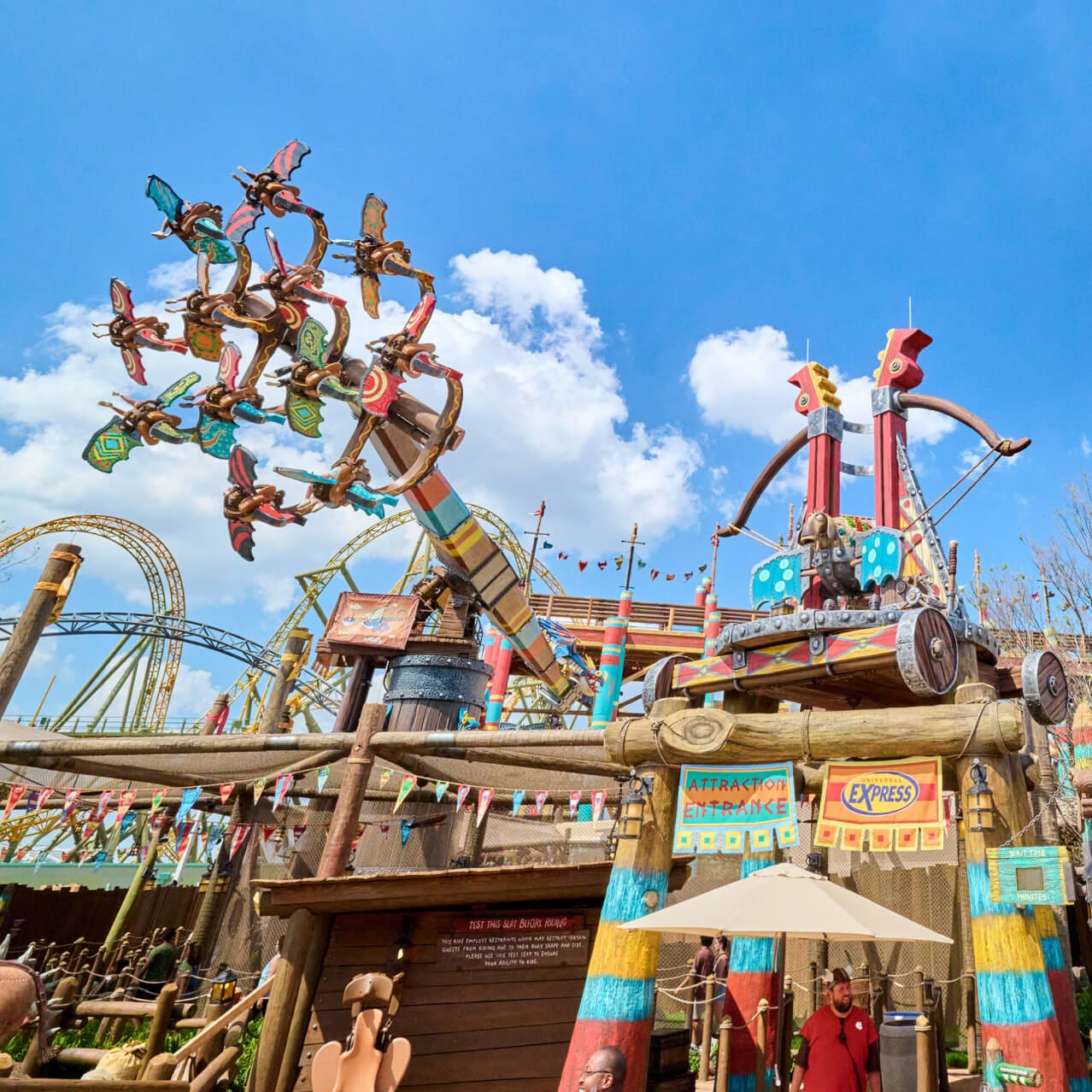 The entrance to Dragon Racer’s Rally, a gravity-defying ride that performs aerobatic maneuvers and high-speed barrel rolls in How to Train Your Dragon - Isle of Berk
