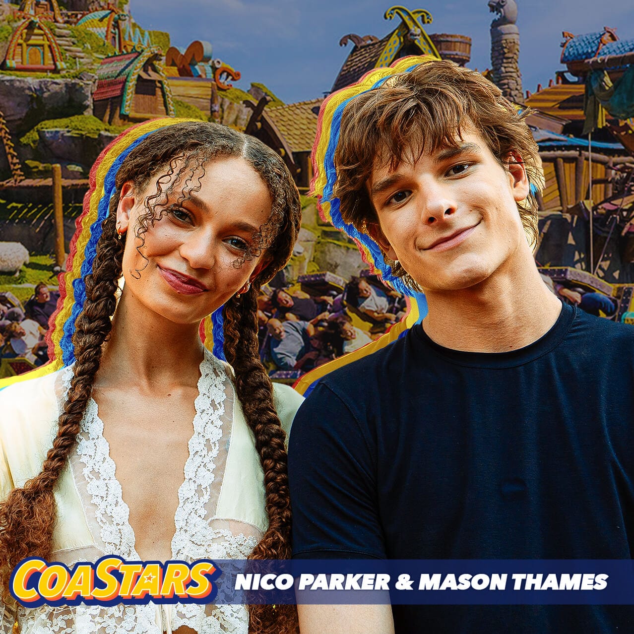  Mason Thames and Nico Parker, from “Universal Pictures’ Live-Action How to Train Your Dragon”, pose for a photo at How to Train Your Dragon - Isle of Berk.