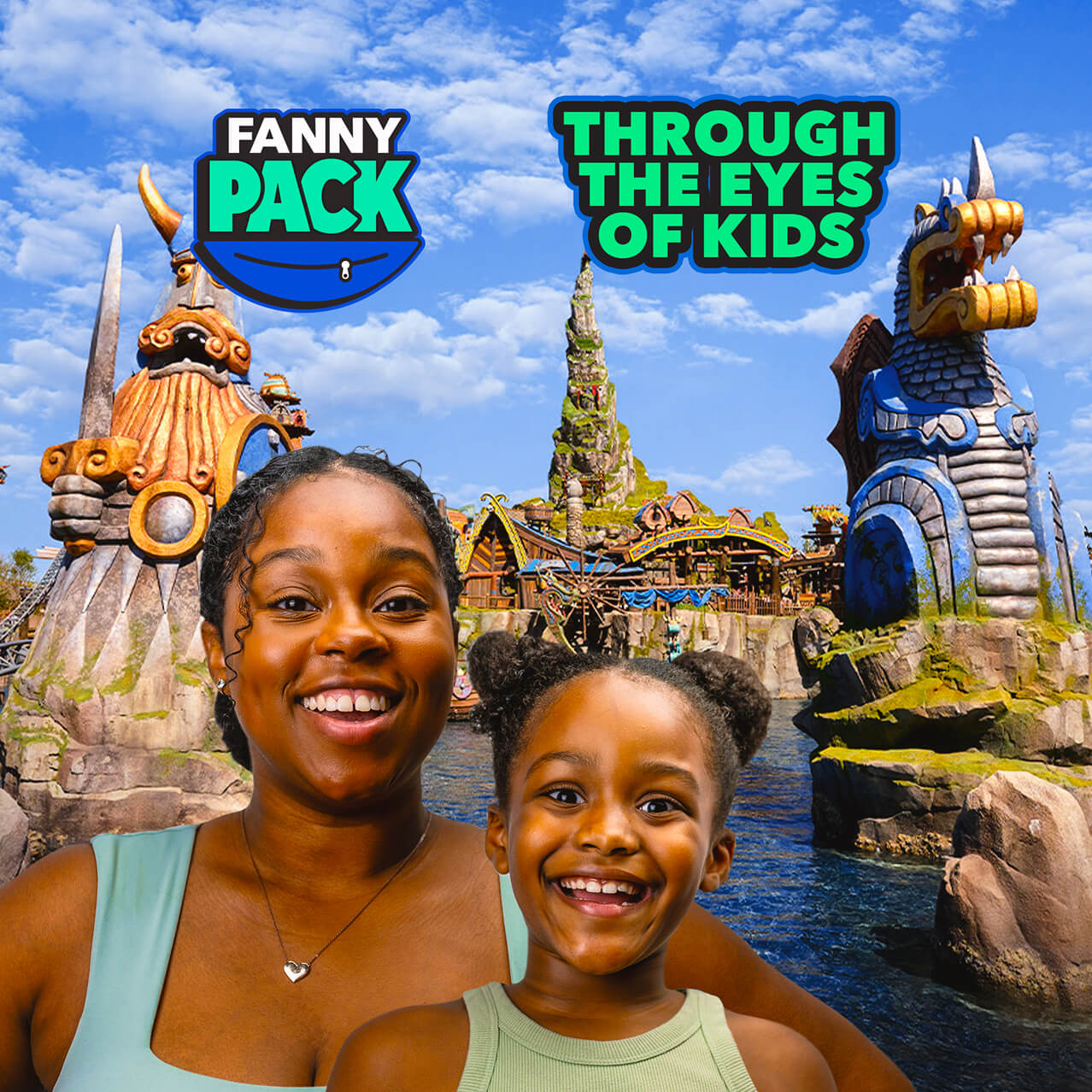 A mother and daughter smiling in front of a Viking-themed land with a “Fanny Pack” logo and “Through the Eyes of Kids” text.