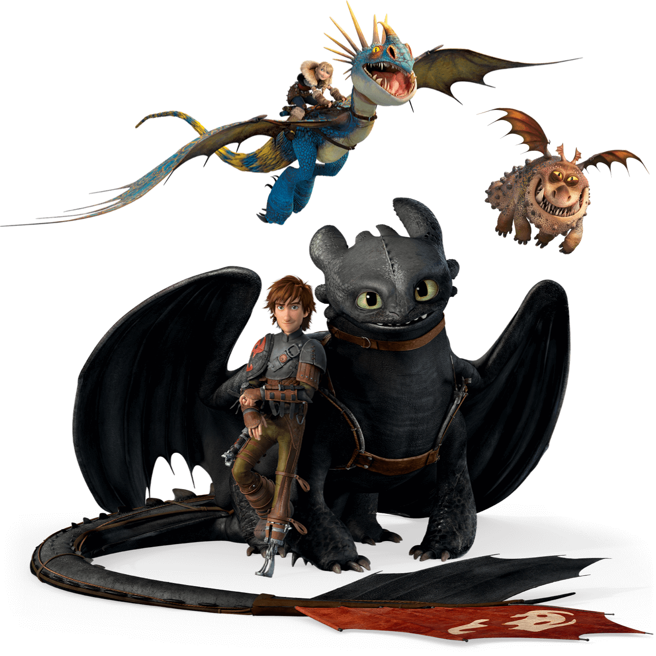How to Train Your Dragon’s beloved characters Hiccup and Toothless, with Astrid atop Stormfly and Meatlug flying above.