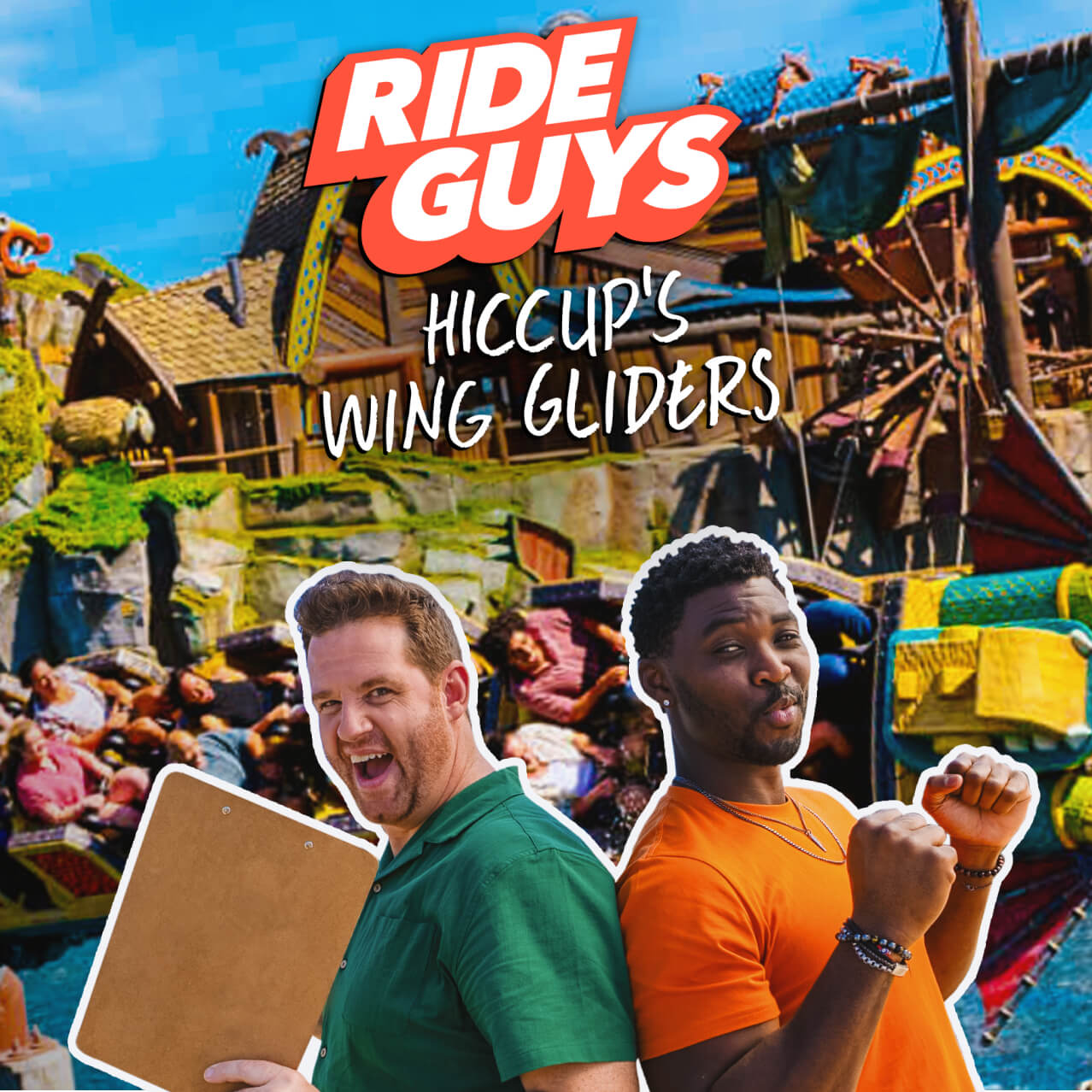 The words “RIDE GUYS HICCUP’S WING GLIDERS” and the two guys with a coaster full of guests in the background.