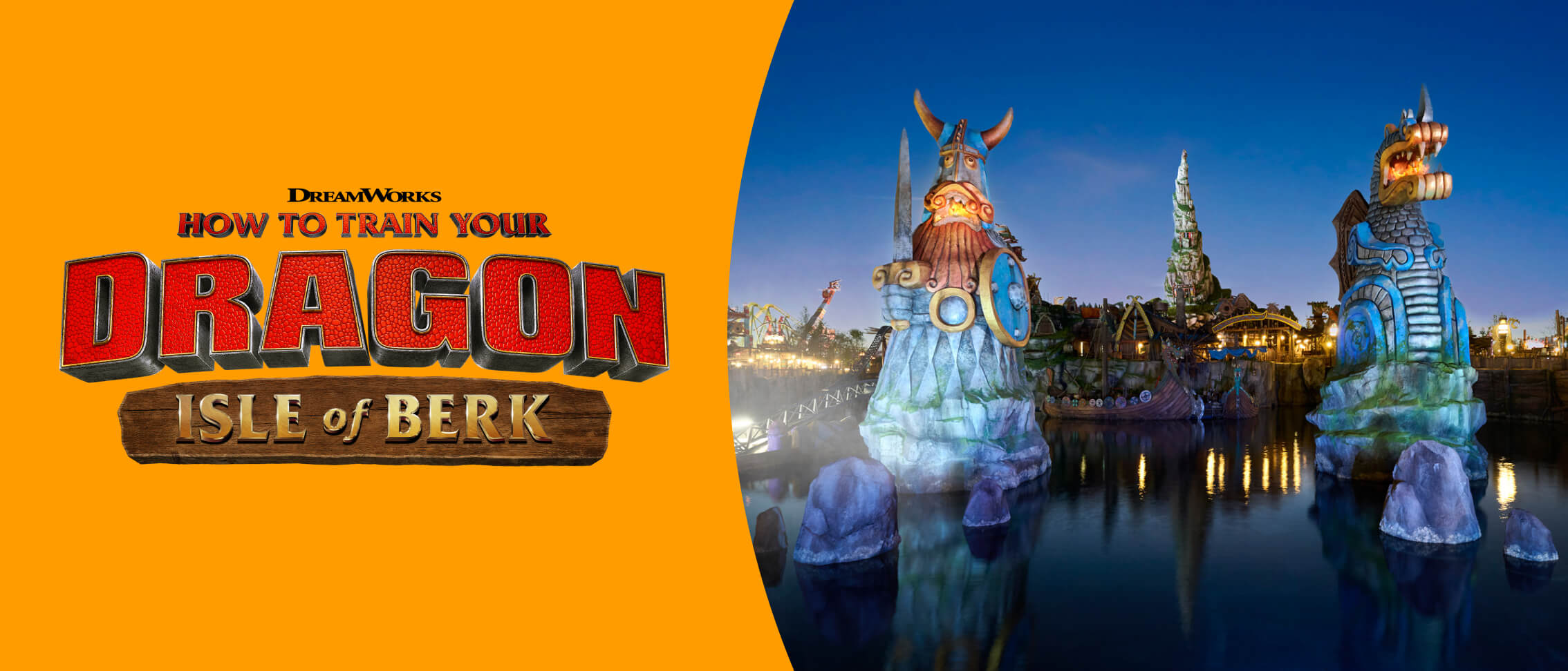 How to Train Your Dragon – Isle of Berk logo on gold and a mountain and Viking figures towering over the water at night.