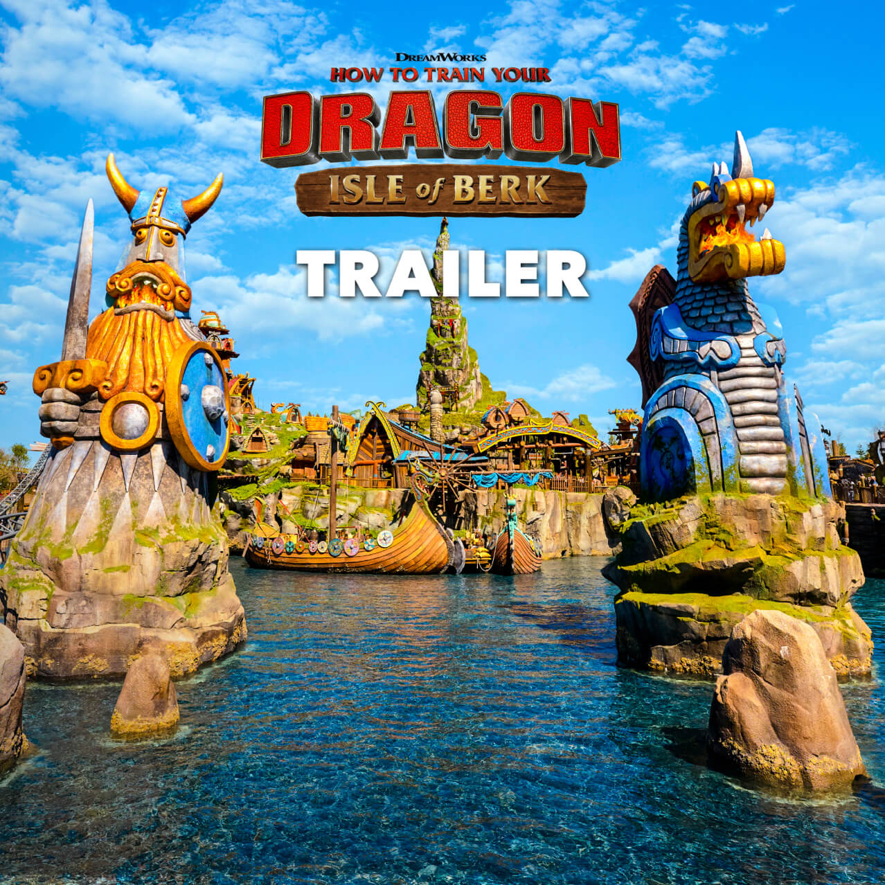 Viking- and dragon-themed sculptures on a lake with a How to Train Your Dragon logo, “Trailer” text and a play button.