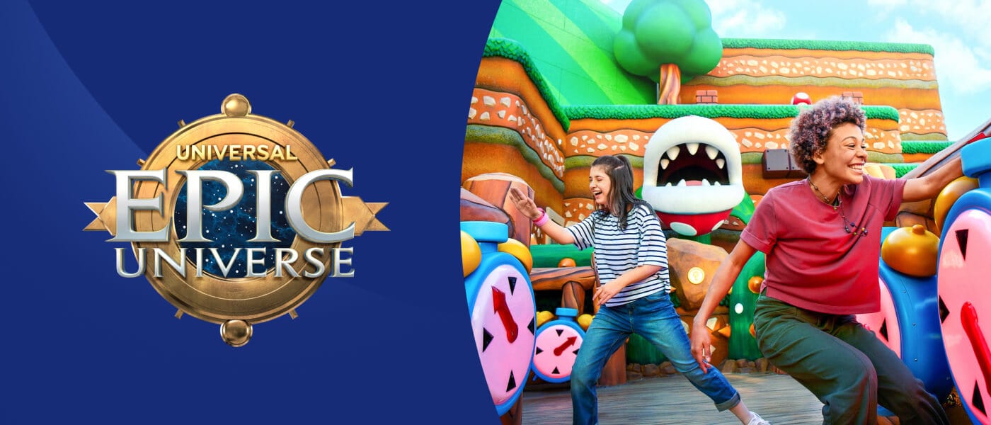 Guests laugh as they play interactive challenges at SUPER NINTENDO WORLD, with the Universal Epic Universe logo