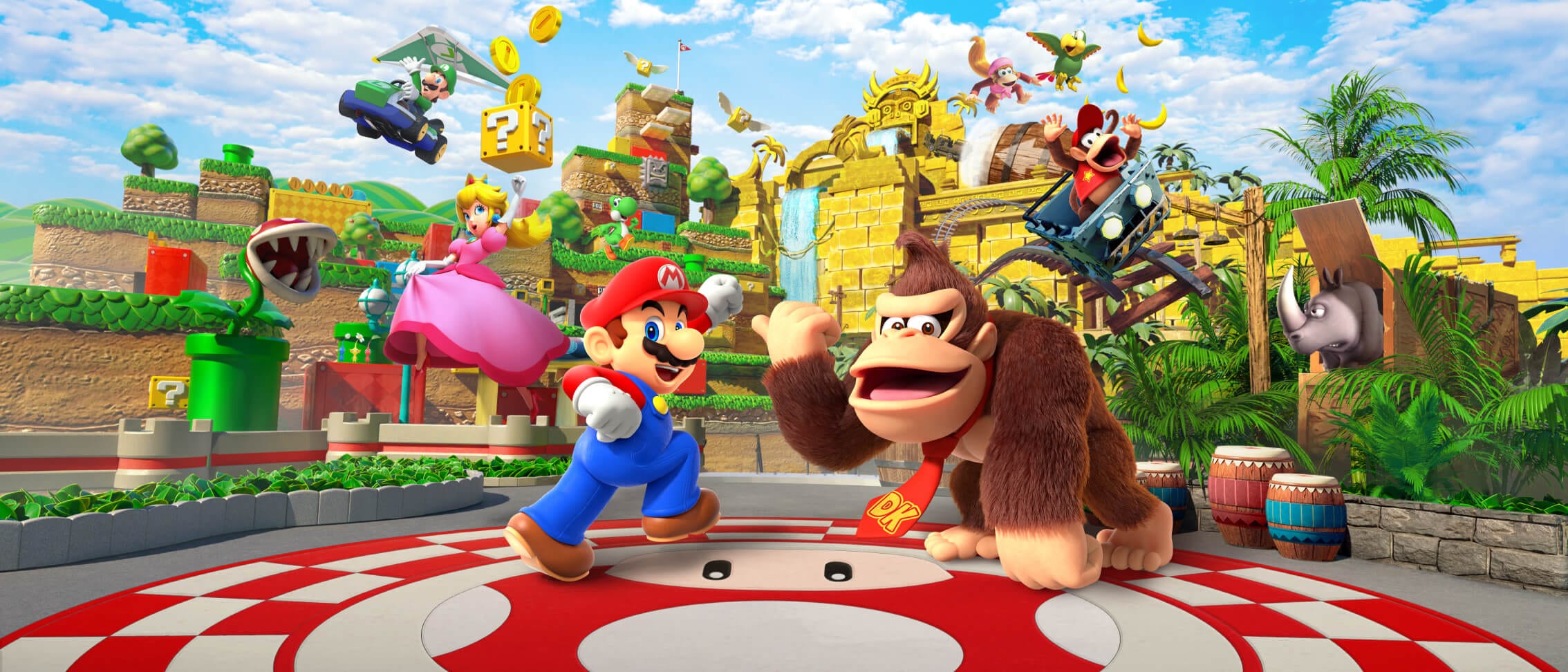 Artist conceptual rendering — Mario, Donkey Kong and friends gesturing for you to join them at SUPER NINTENDO WORLD™.