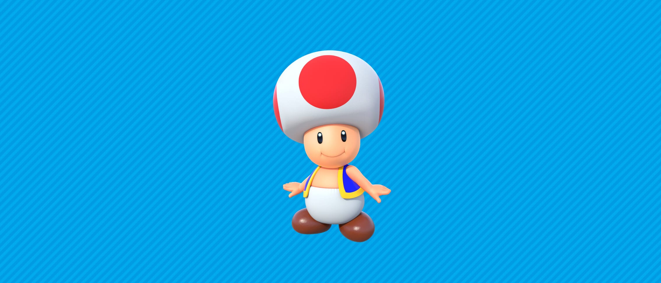 Close-up of Nintendo character Toad smiling against a blue background.