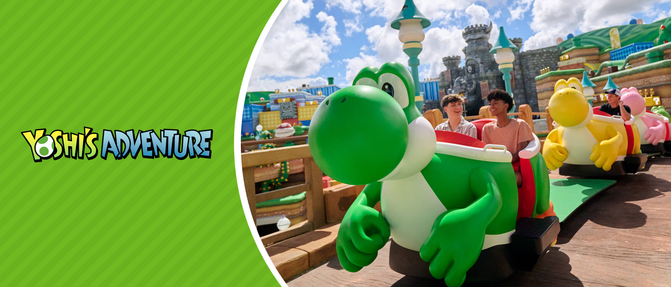 "YOSHI’S ADVENTURE” logo and smiling Guests in different-colored Yoshi vehicles with a castle and colorful buildings in view.