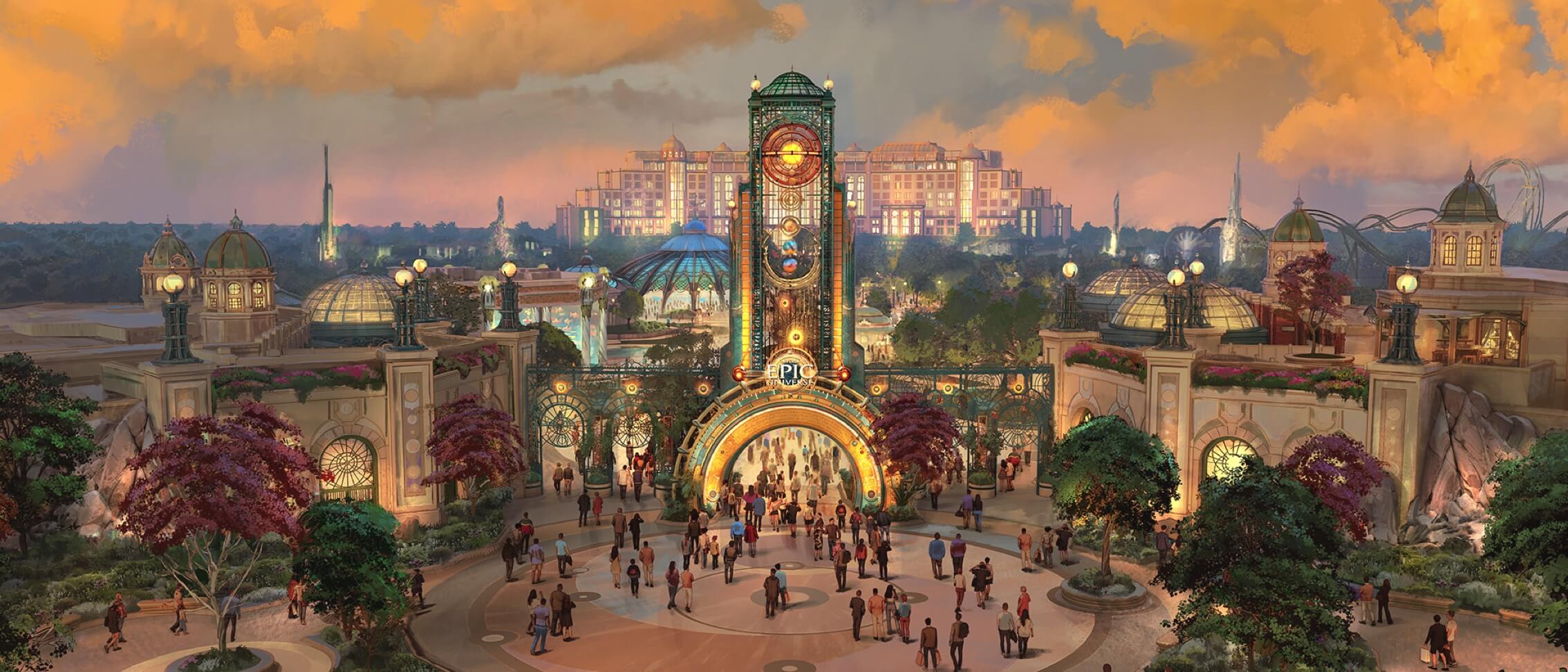 Artist conceptual rendering – Guests enter the portal to Celestial Park, the Heart of Universal Epic Universe.