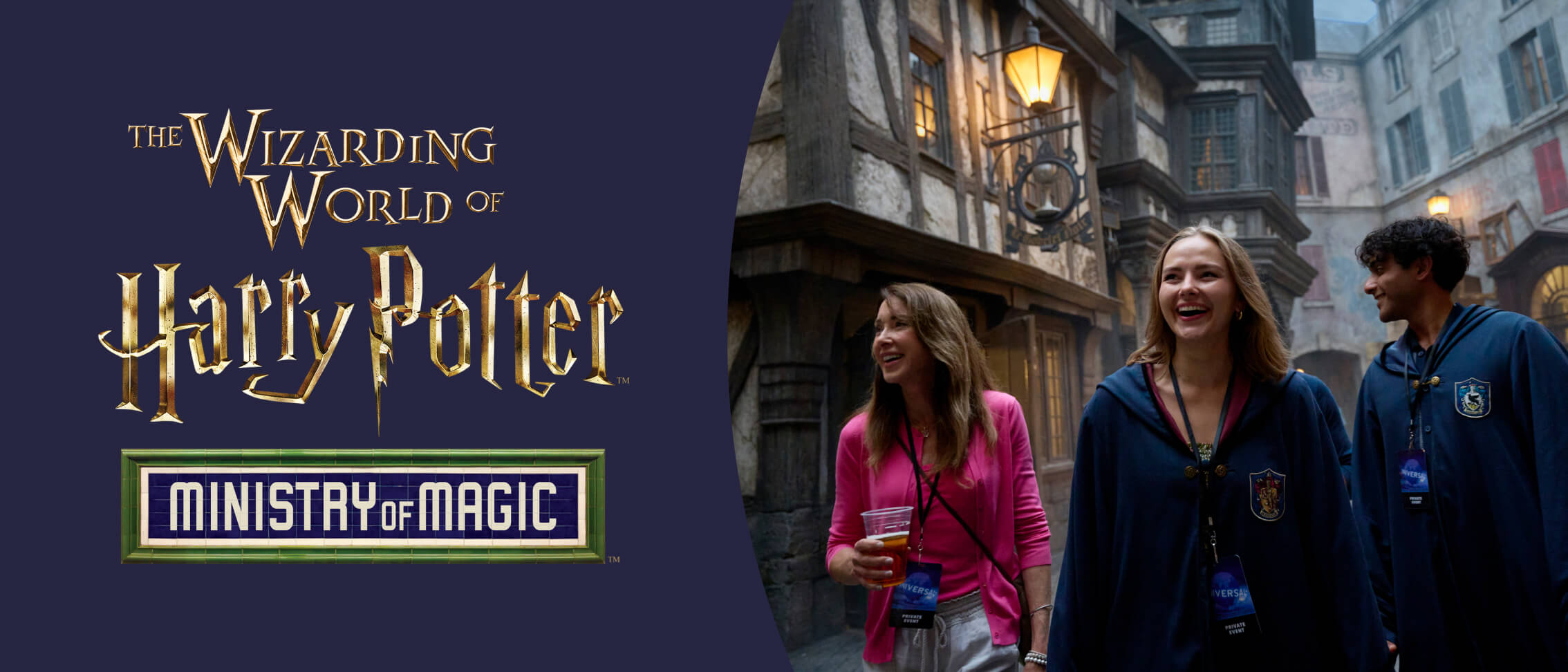 The Wizarding World of Harry Potter – Ministry of Magic logo on navy and smiling friends in wizard robes on a Paris street.