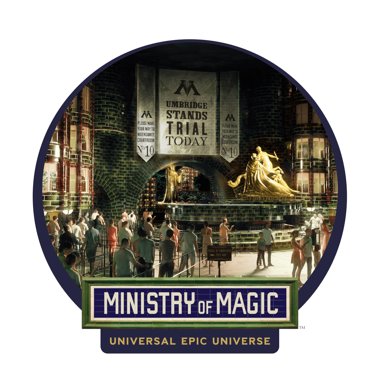 Artist conceptual rendering - A banner about Dolores Umbridge s trial hanging in the atrium above the Fountain of Magical Brethren in the British Ministry of Magic™ at Universal Epic Universe.