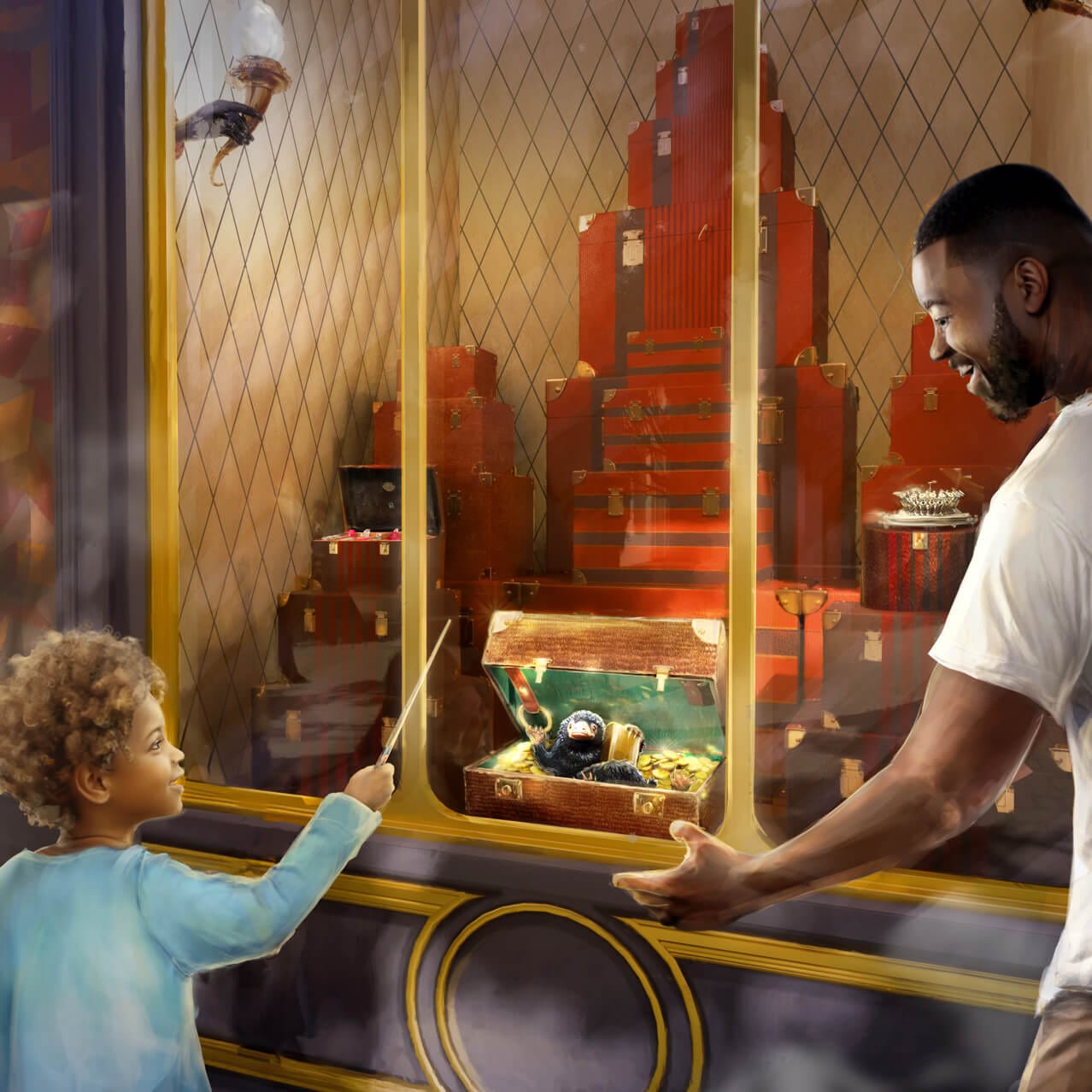 Artist conceptual rendering - A child uses a wand in Place de Furstemberg to see a Niffler at an interactive wand station in The Wizarding World of Harry Potter™ - Ministry of Magic™
