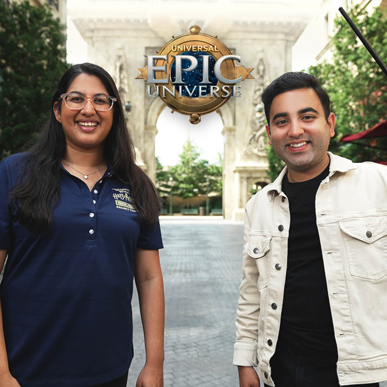 A Team Member and a wand-wielding host smiling on the Paris streets with a Universal Epic Universe logo and a play button.