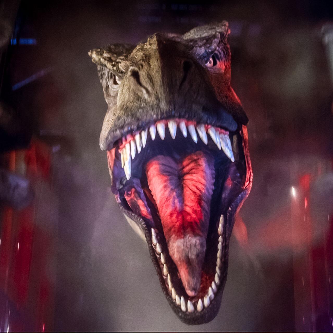 Close up of a ferocious T. rex showing its teeth on the Jurassic Park River Adventure thrill ride at Universal Orlando.