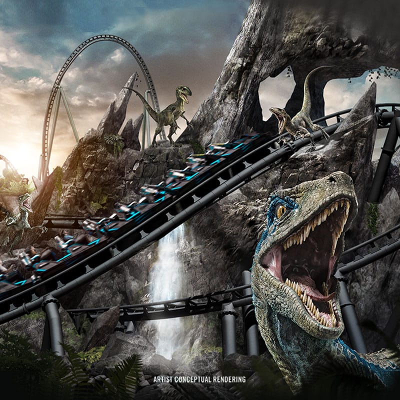 Artist Conceptual Rendering of raptors running along the VelociCoaster roller coaster ride.