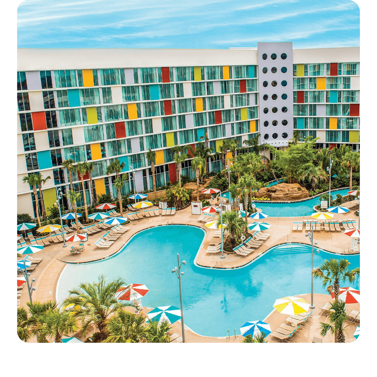 The Lazy River Courtyard and swimming pool at Universal Cabana Bay Beach Resort.