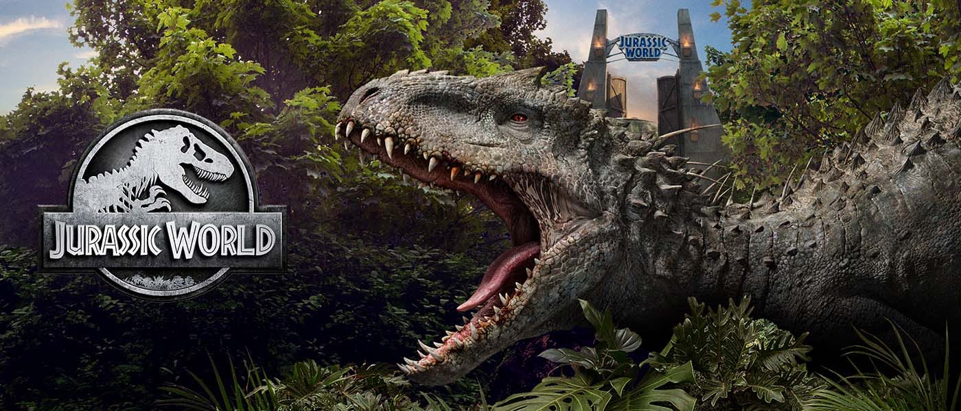 An Indominus rex roars amidst foliage with the Jurassic World arches above.