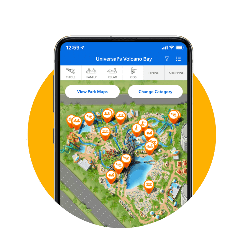 A smartphone screen shows an interactive map within the Universal Orlando app.
