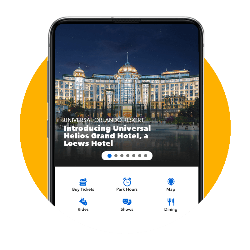 The Official Universal Orlando App home screen featuring Universal Helios Grand Hotel.