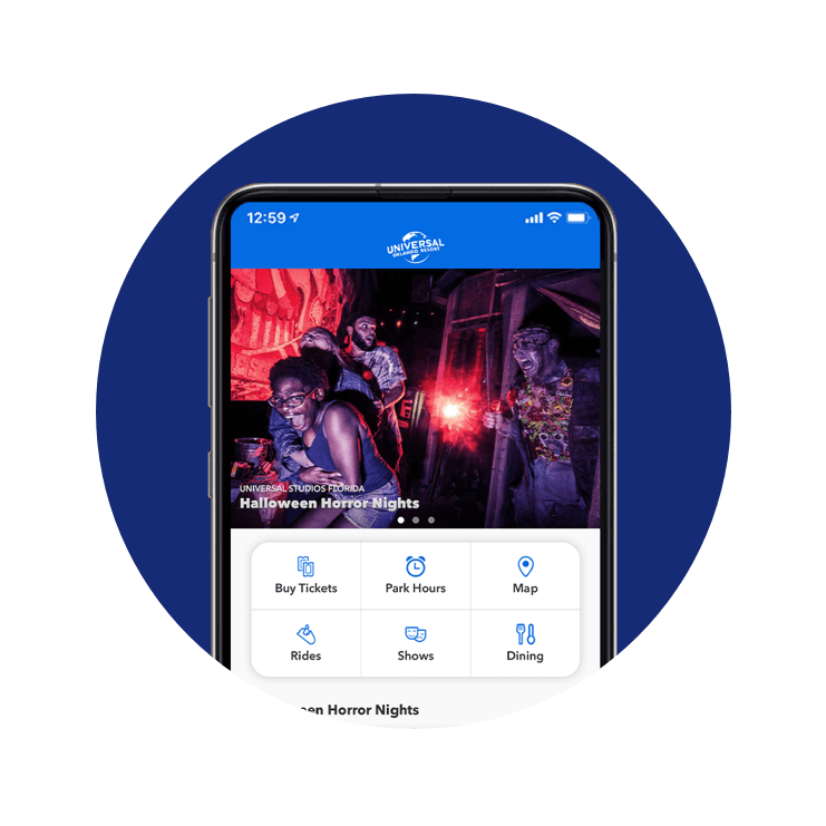 View of The Official Universal Orlando Resort App home page on a mobile phone with Halloween Horror Nights as the featured event.