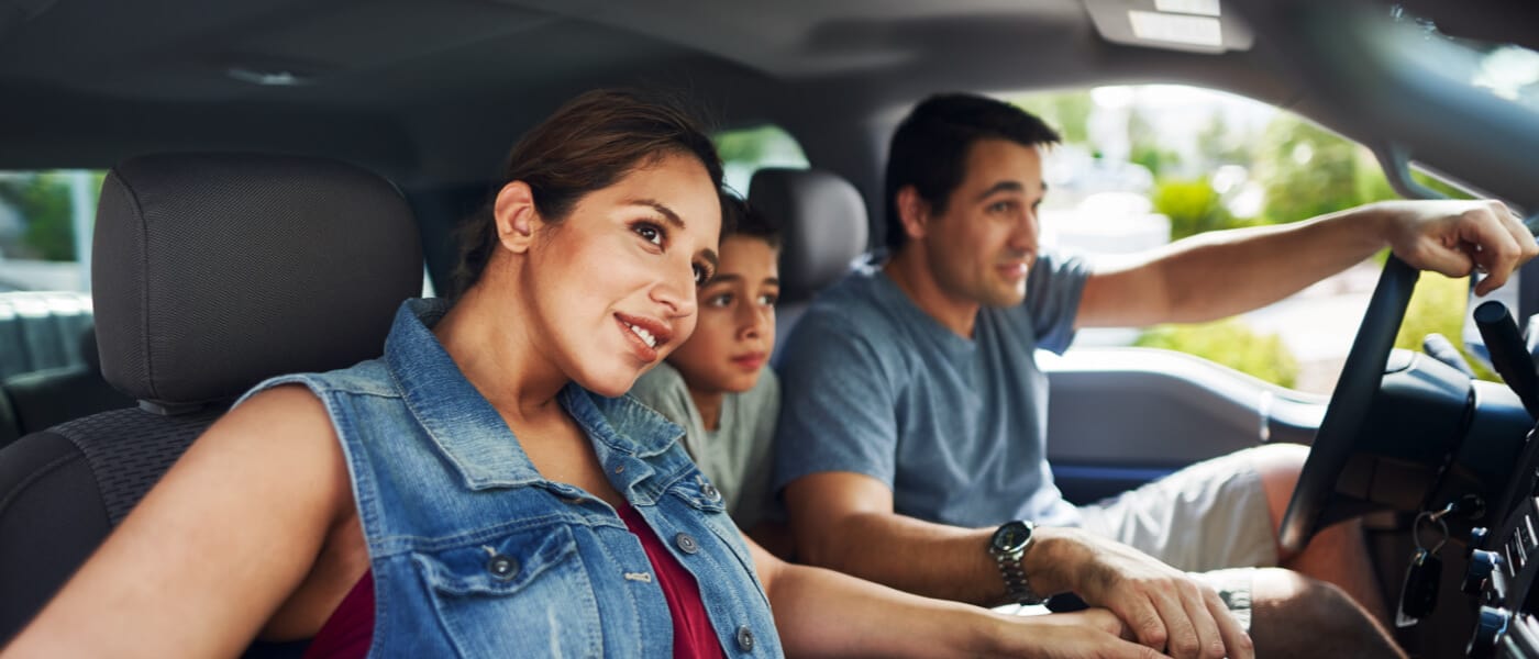 A family looks out their car window excitedly.